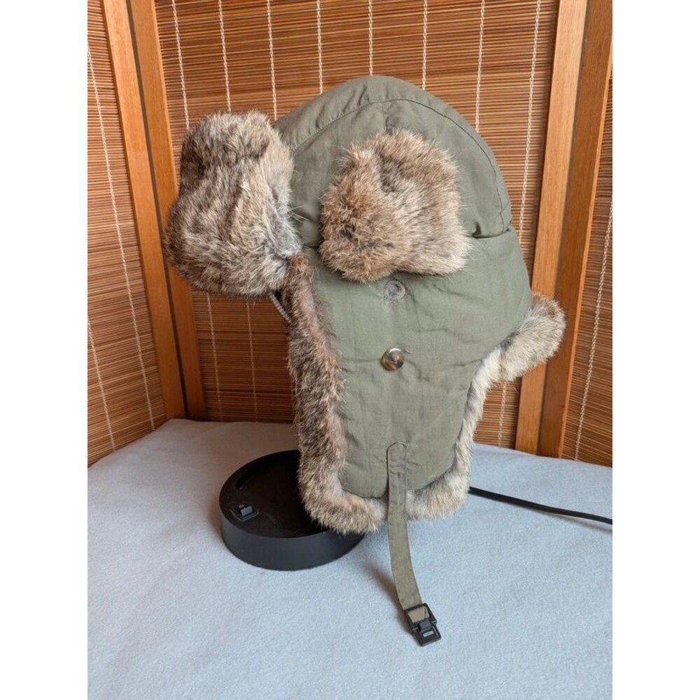 Rabbit Fur Trapper Hat Mad Bomber Army Green Size Large